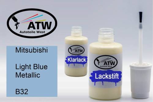 Mitsubishi, Light Blue Metallic, B32: 20ml Lackstift + 20ml Klarlack - Set, von ATW Autoteile West.